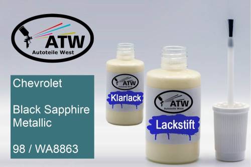 Chevrolet, Black Sapphire Metallic, 98 / WA8863: 20ml Lackstift + 20ml Klarlack - Set, von ATW Autoteile West.